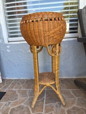 Vintage Wicker rattan Plant Stand With Beaded Detailing Lower Shelf 28 Inch Tall